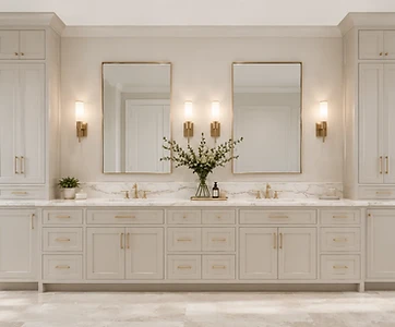 Wall-to-wall bathroom vanity with tall linen towers and dual sinks