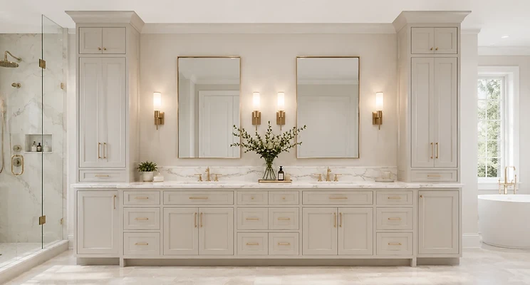 Custom bathroom with wall-to-wall vanity cabinetry, tall linen towers, dual sinks and marble countertops