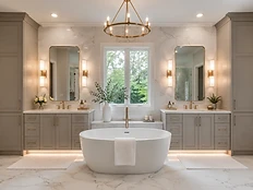Premium primary bathroom with greige cabinetry, freestanding tub, marble surfaces and brushed gold fixtures
