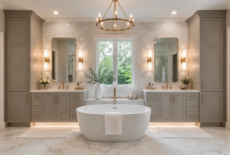 Premium primary bathroom with greige cabinetry, freestanding tub and marble surfaces