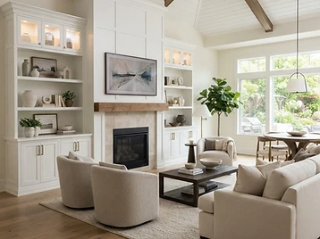 Great room with built-in cabinetry and shelving around a fireplace