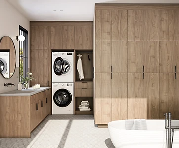 Modern full-height bathroom storage with wood-grain cabinetry and integrated laundry