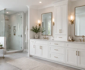 Bathroom with white vanity, tall cabinet tower and glass shower
