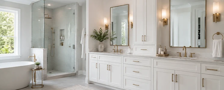 Bright modern primary bathroom with white vanity cabinetry, tall storage tower, glass shower and brushed gold fixtures