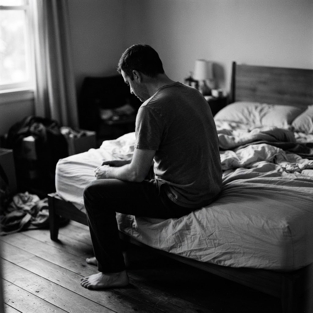 An anonymous man, still and quiet, in ordinary early-morning light.