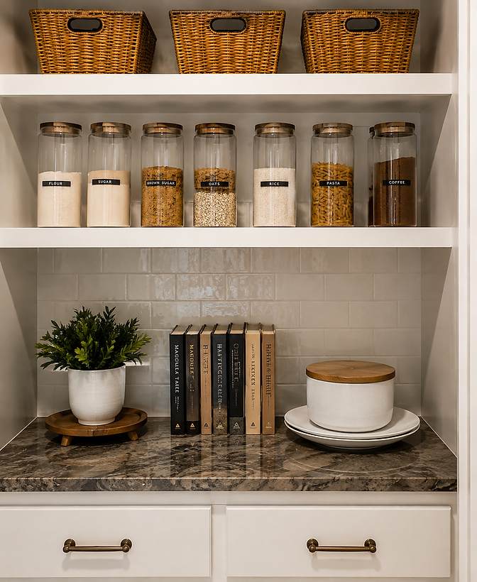 Organized pantry with wicker baskets and labeled glass jars