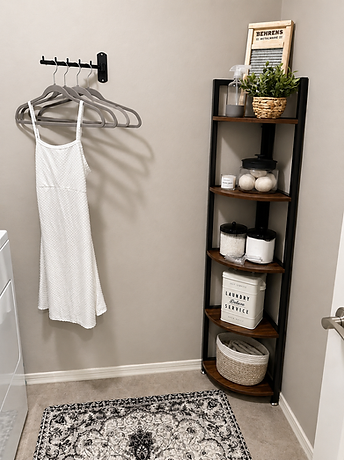 Laundry room corner shelving with organized supplies