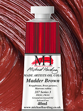 Madder Brown oil colour tube on a paint-out swatch