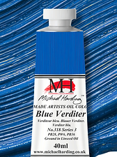 Blue Verditer oil colour tube on a paint-out swatch