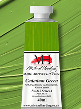 Cadmium Green oil colour tube on a paint-out swatch