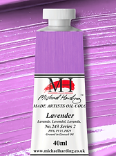 Lavender oil colour tube on a paint-out swatch