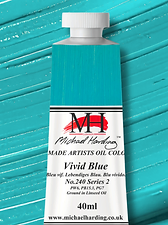 Vivid Blue oil colour tube on a paint-out swatch