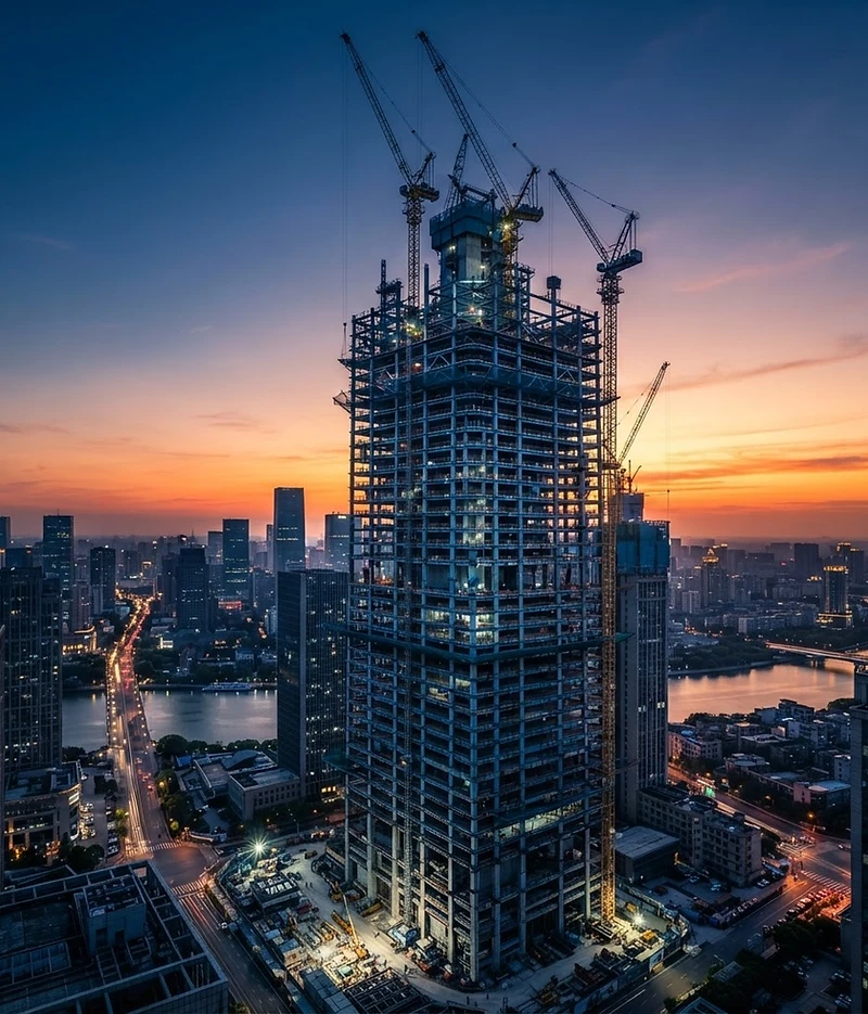 Skyscraper under construction at dawn