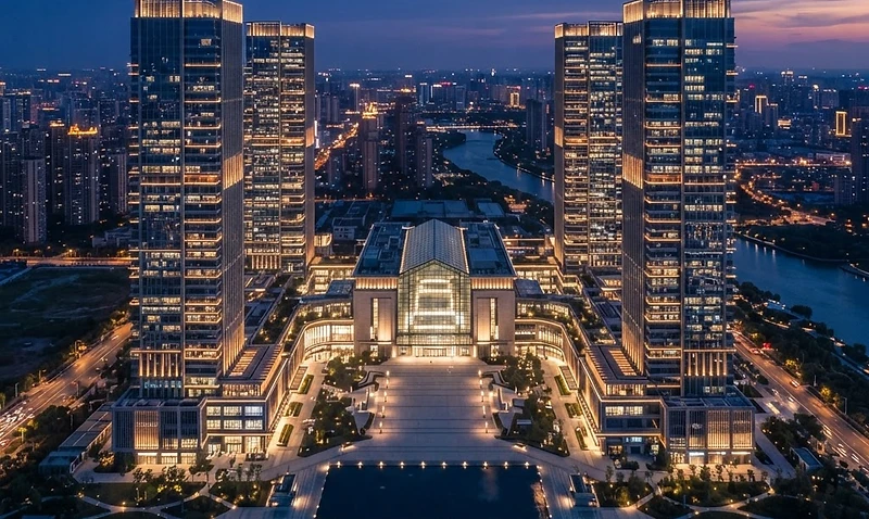 Completed commercial construction complex at blue hour