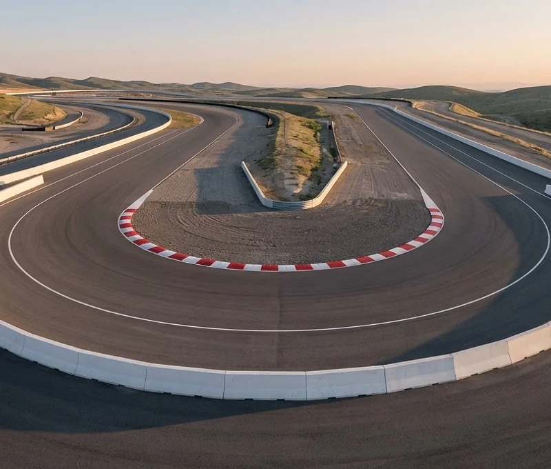 Aerial view of a race track apex at dawn