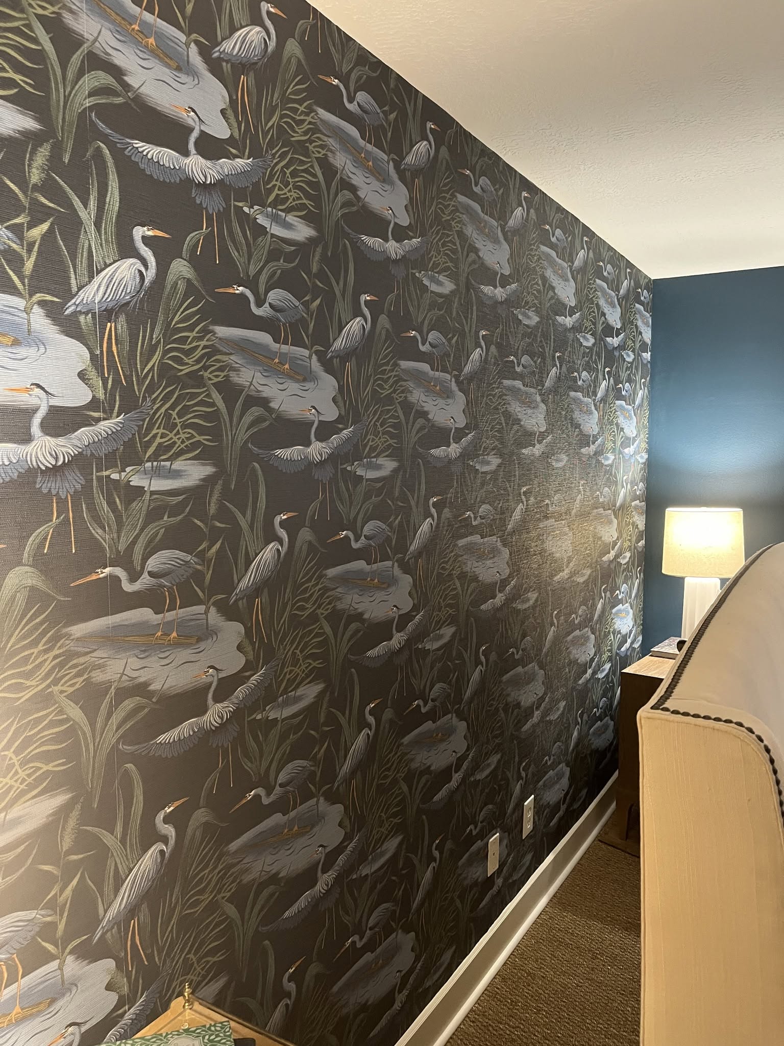 Heron-pattern designer wallpaper installed by Arc Painting Solutions in Spring, TX