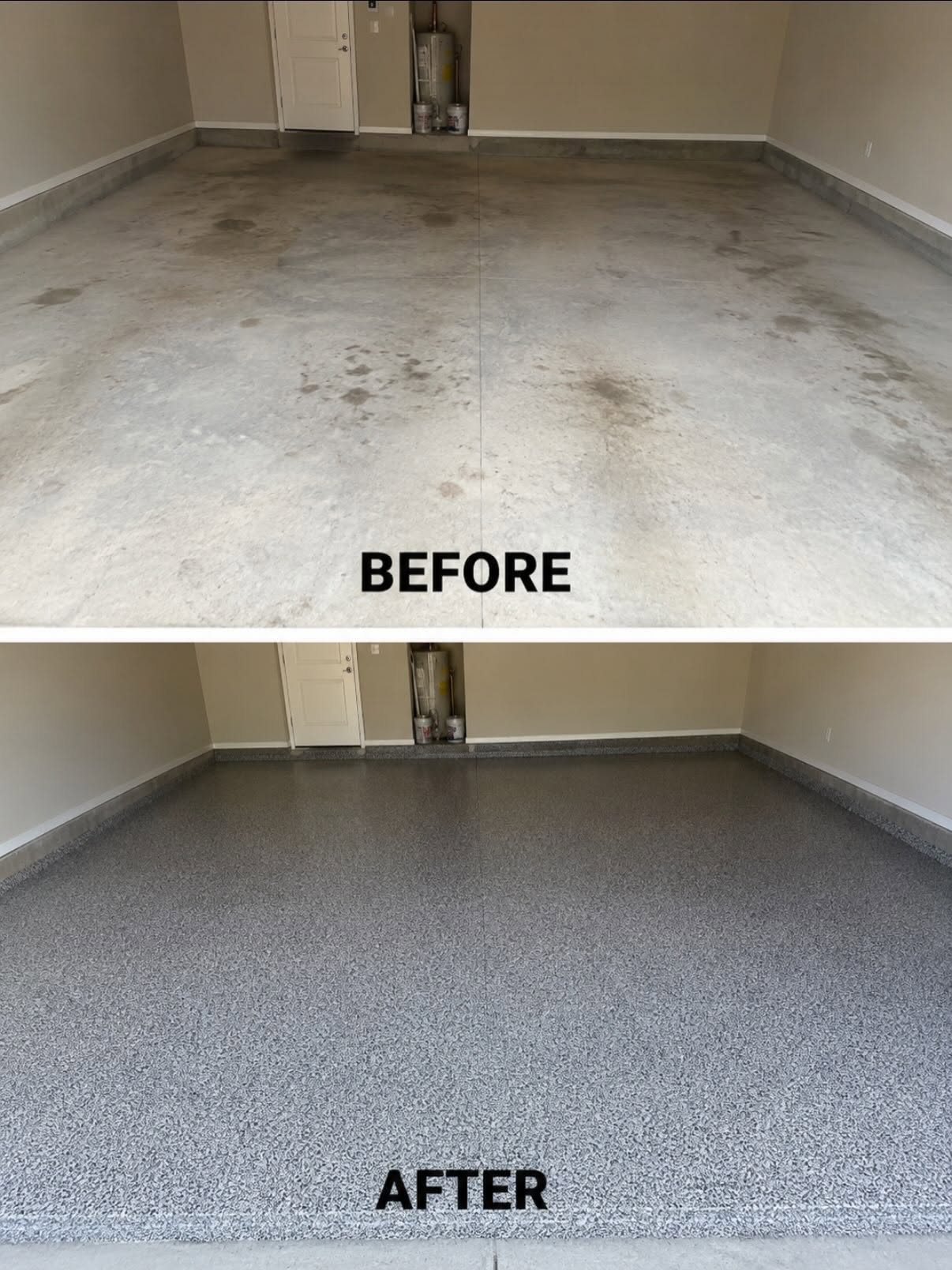 Garage floor transformed from stained concrete to epoxy flake finish by Arc Painting Solutions in The Woodlands, TX
