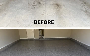 Garage floor transformed from stained concrete to an epoxy flake finish by Arc Painting Solutions