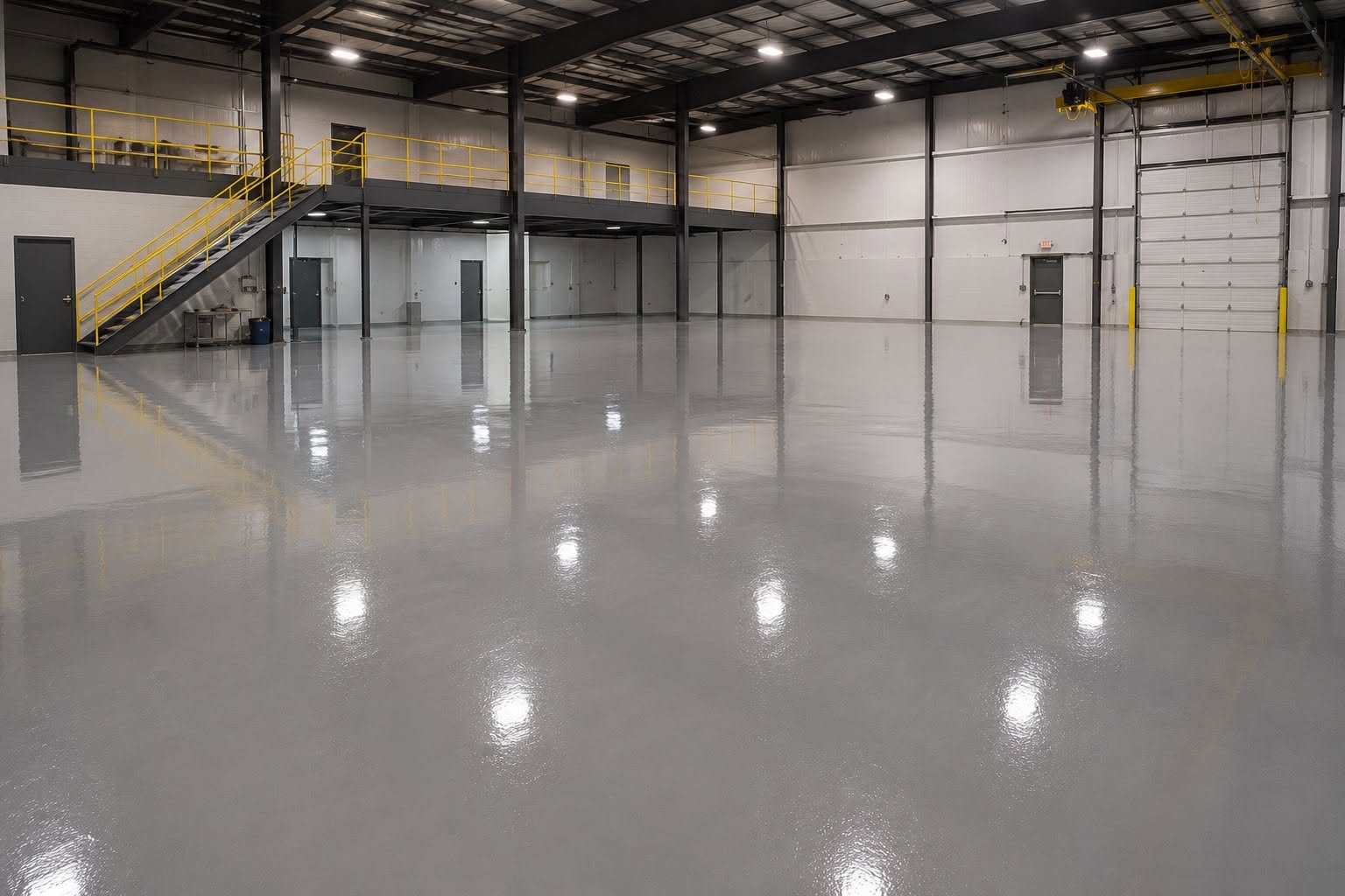 High-gloss industrial epoxy floor with mirror reflections in warehouse by Arc Painting Solutions in The Woodlands, TX