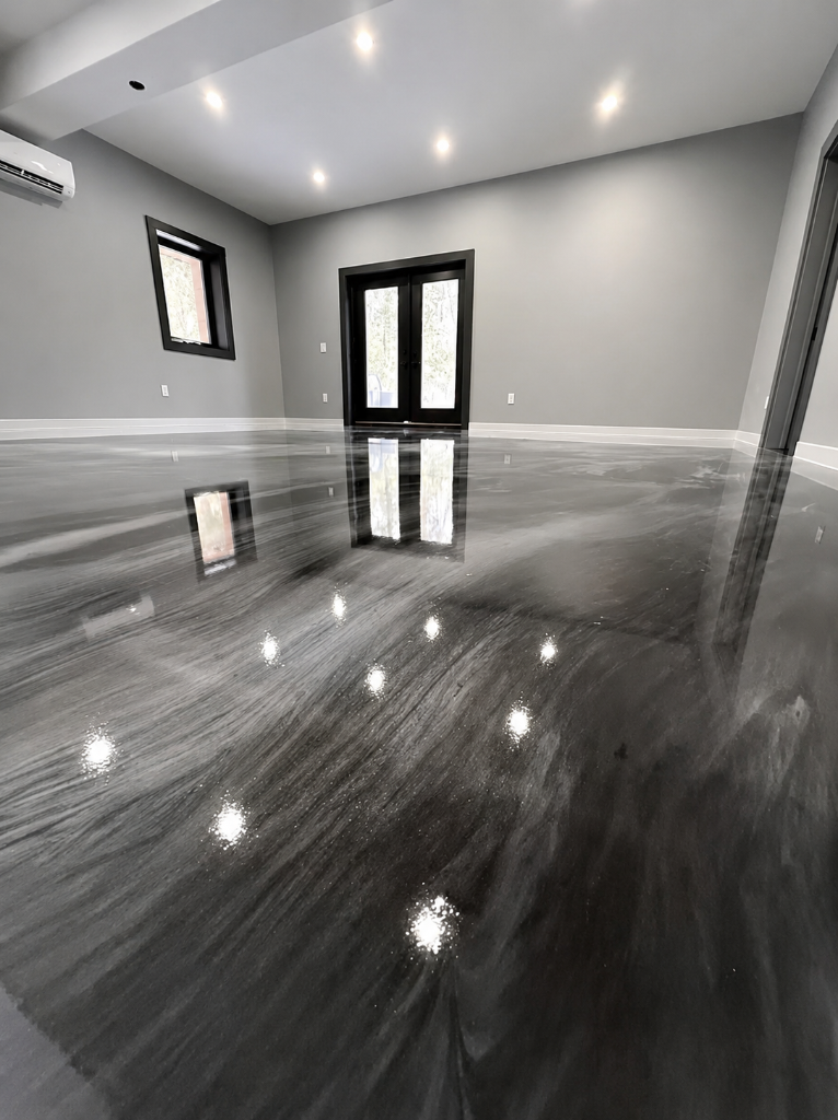 High-gloss metallic epoxy floor with a marbled stormy-gray finish installed by Arc Painting Solutions in Spring, TX