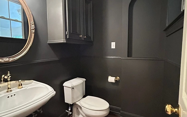 Moody charcoal powder room with gold accents painted by Arc Painting Solutions in Spring, TX