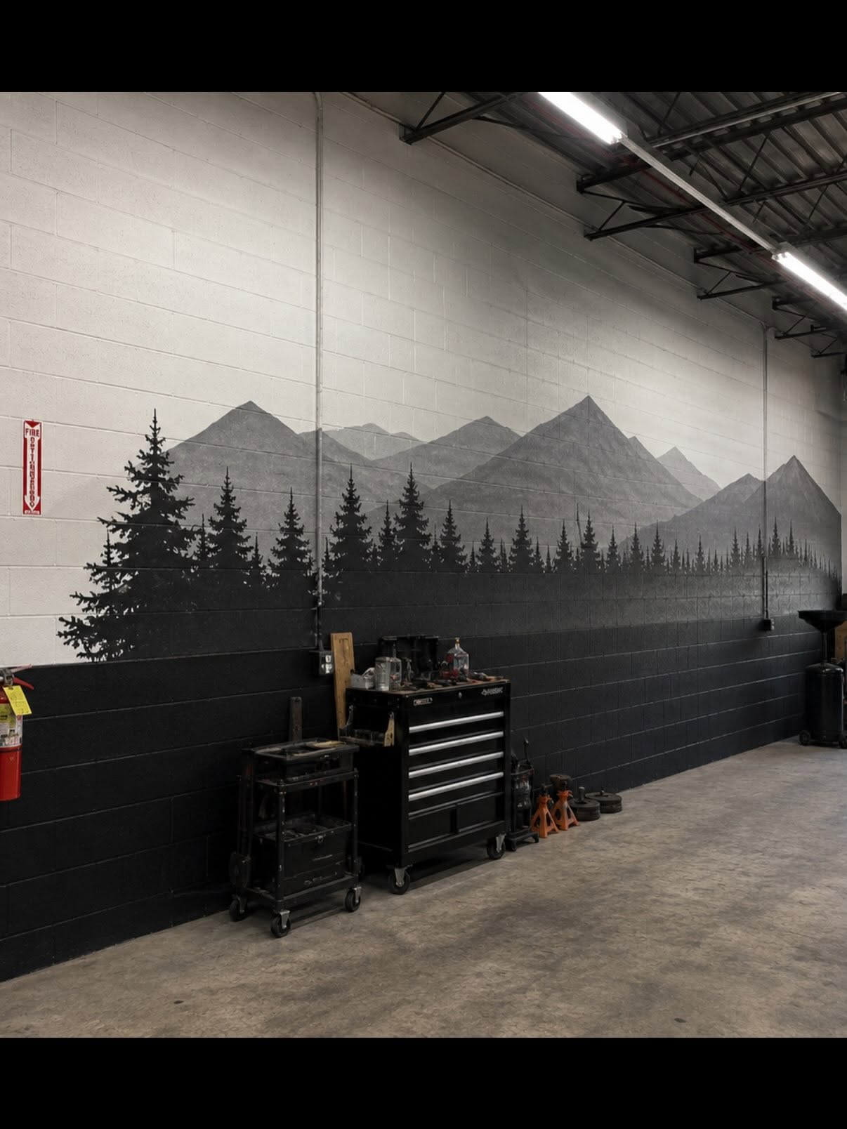 Completed mountain range and forest mural painted on a cinder block wall by Arc Painting Solutions