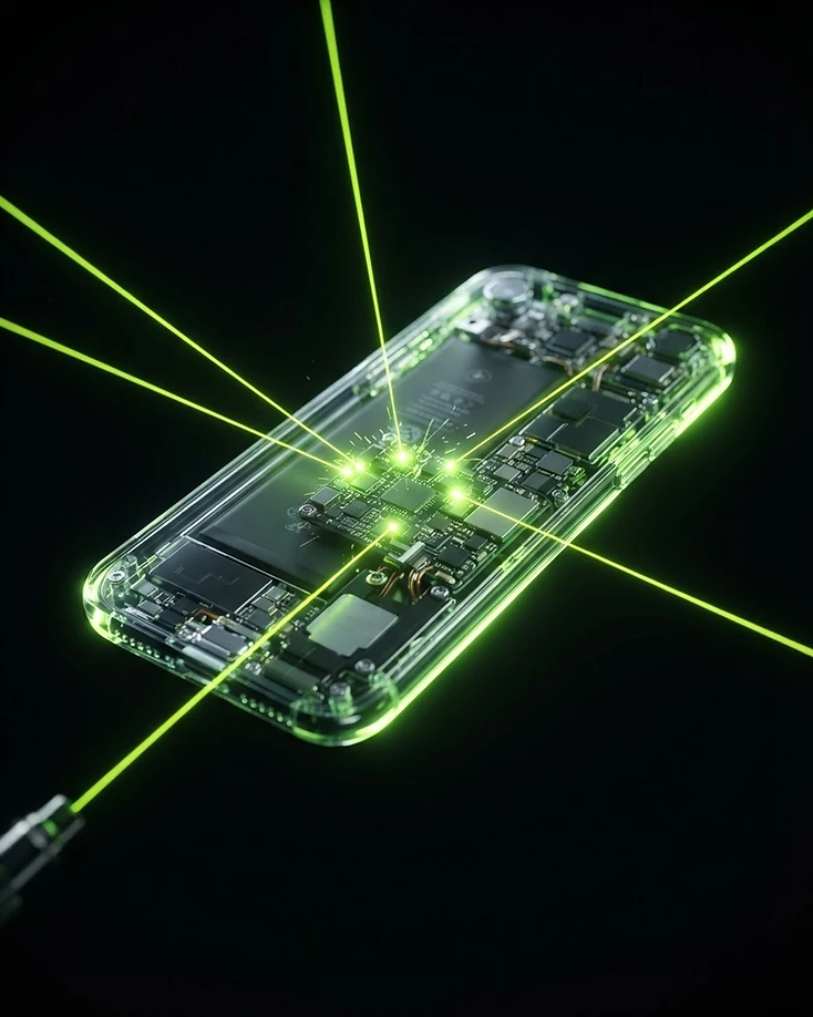 Smartphone being assembled by laser beams of light