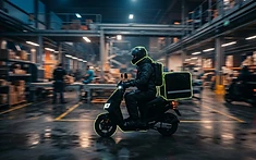 Entregador em scooter elétrica com baú de entrega em centro de distribuição urbano