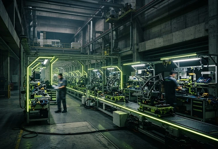 Interior da fábrica Mileto com estações de montagem de motos elétricas
