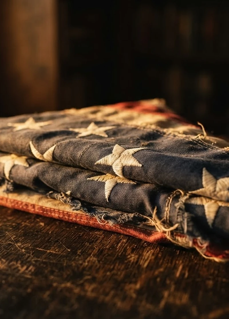 A folded American flag resting on a dark oak table