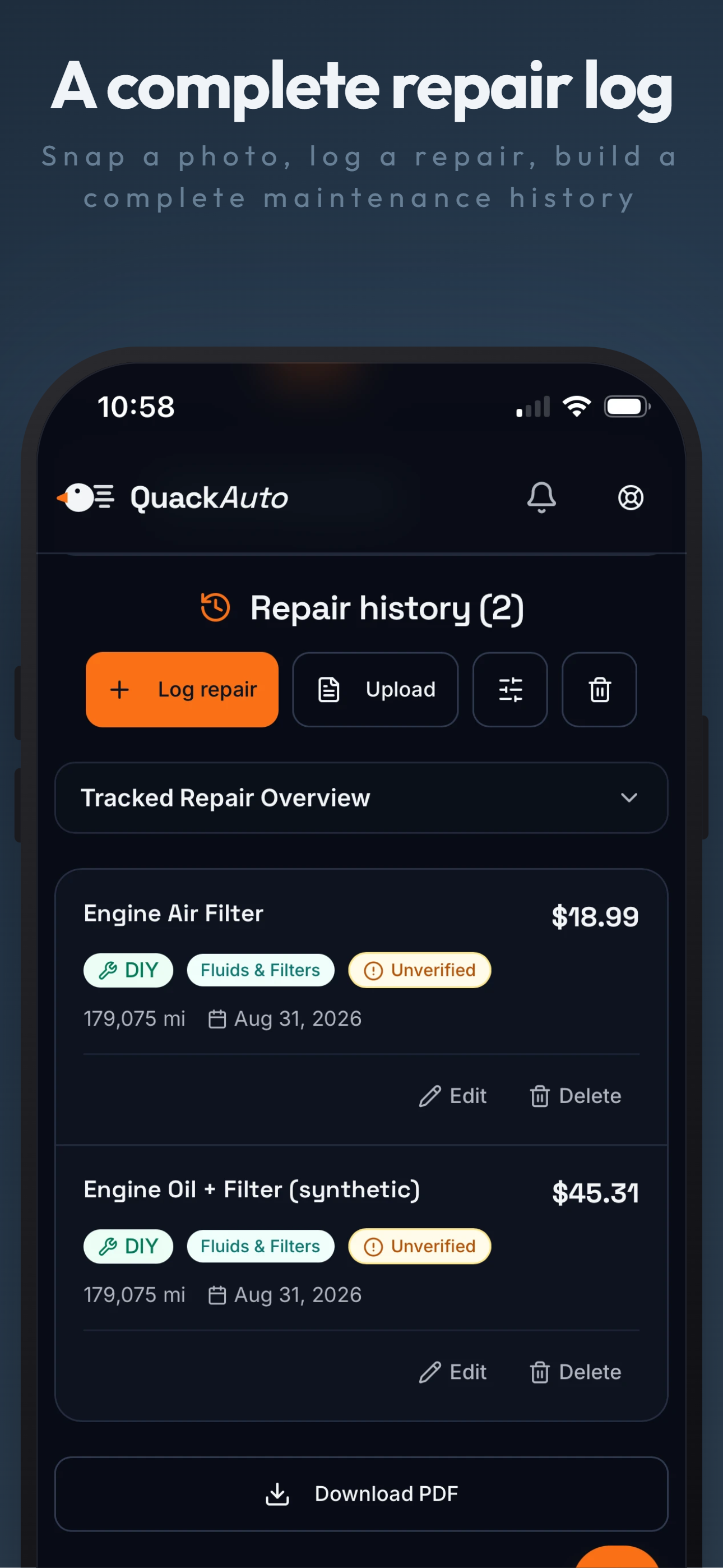 QuackAuto free tier repair history log showing logged repairs with costs, categories, and mileage