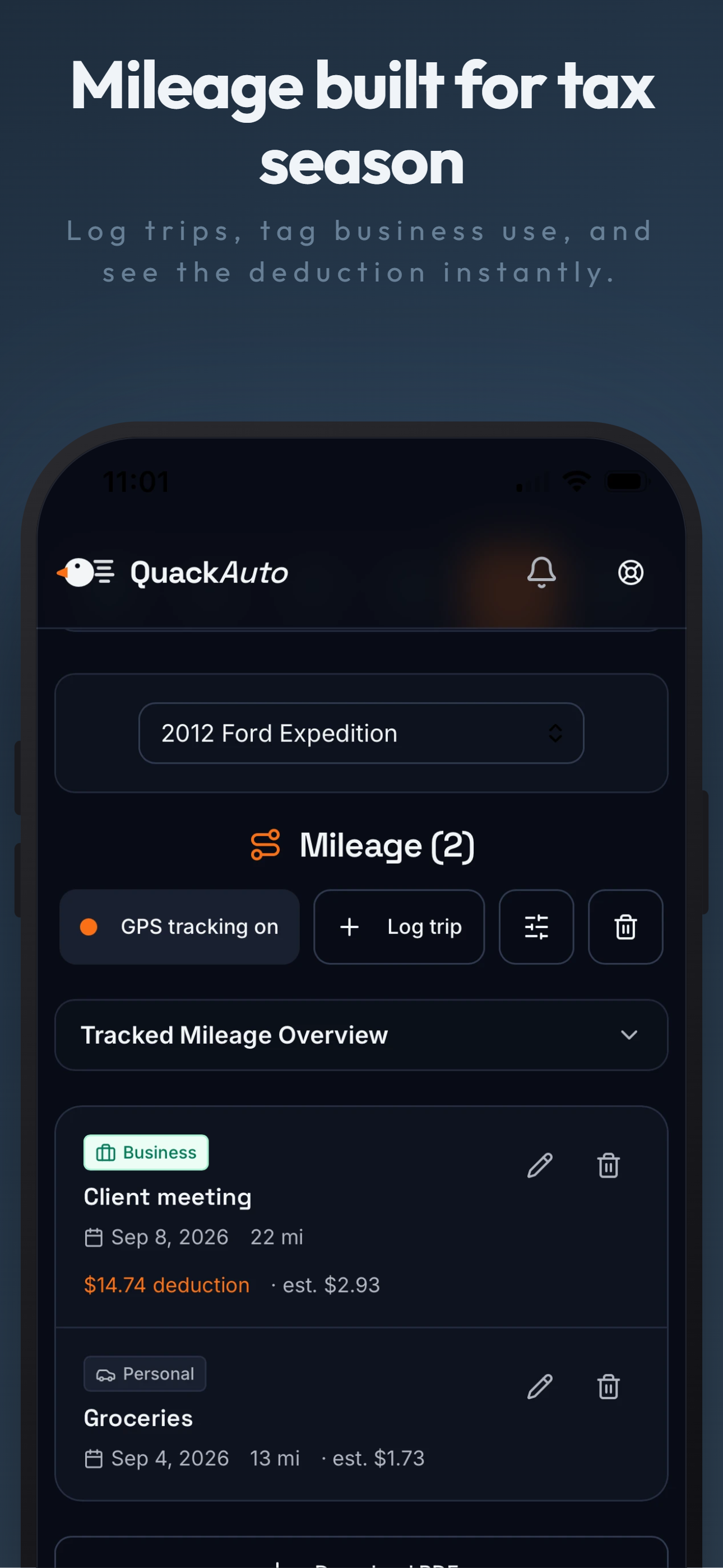 QuackAuto free tier mileage log showing business and personal trips with deductions and a Download PDF button