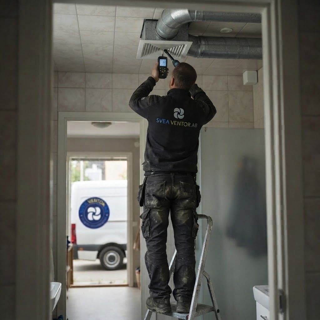 Svea Ventor tekniker utför ventilationsrengöring med säkerhetsutrustning