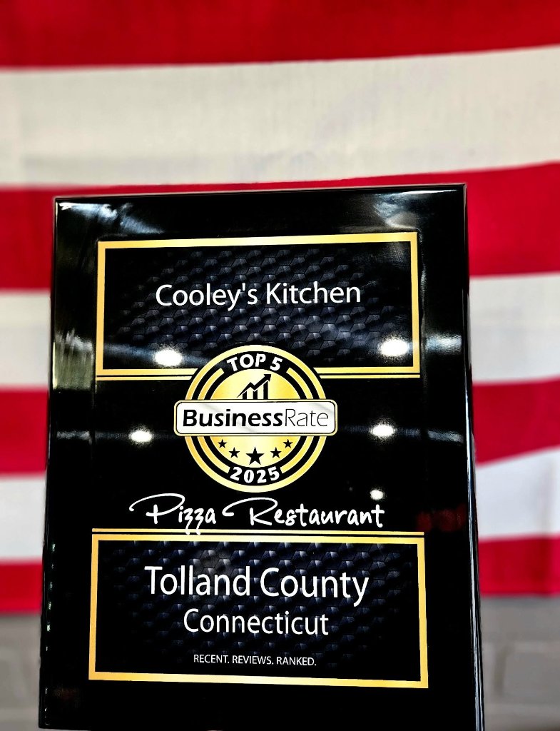 2025 BusinessRate Top 5 Pizza Restaurant recognition displayed by Cooley’s Kitchen for Tolland County, Connecticut