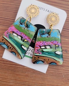Colorful vehicle-themed drop earrings