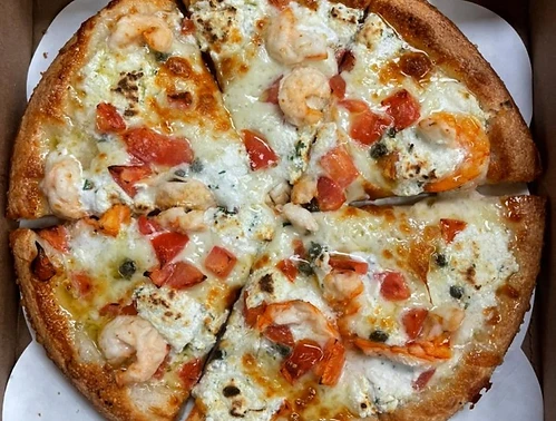 Pizza with cheese and seafood toppings