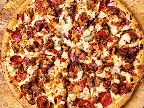 Large round pizza with assorted toppings