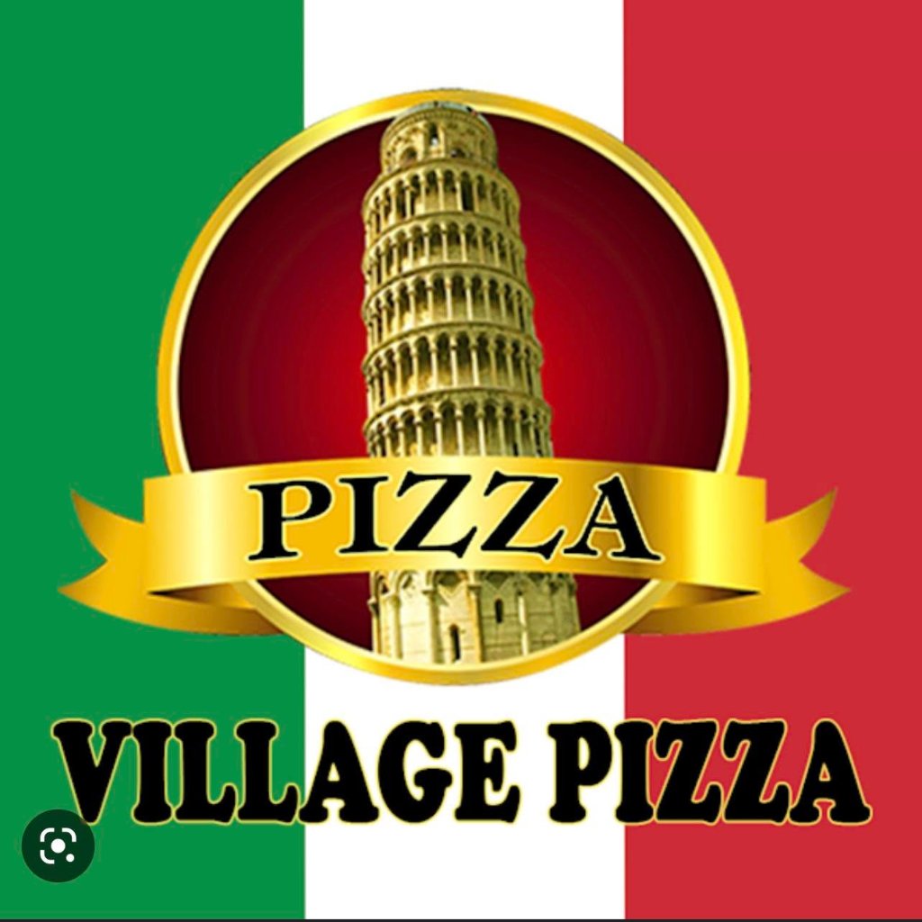Village Pizza logo with Italian colors and Leaning Tower of Pisa