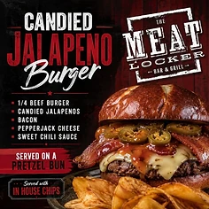 Candied Jalapeño Burger promotional graphic from The Meat Locker