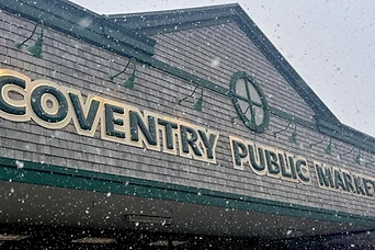 Coventry Public Market cedar-shingle storefront and market sign