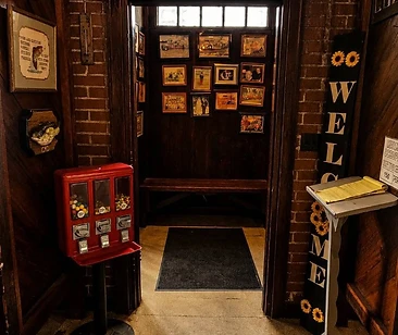 Warmly lit hallway with vintage details