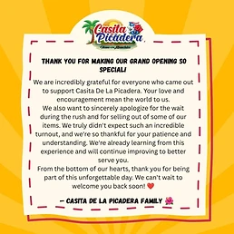 La Casita community thank-you message following its grand opening