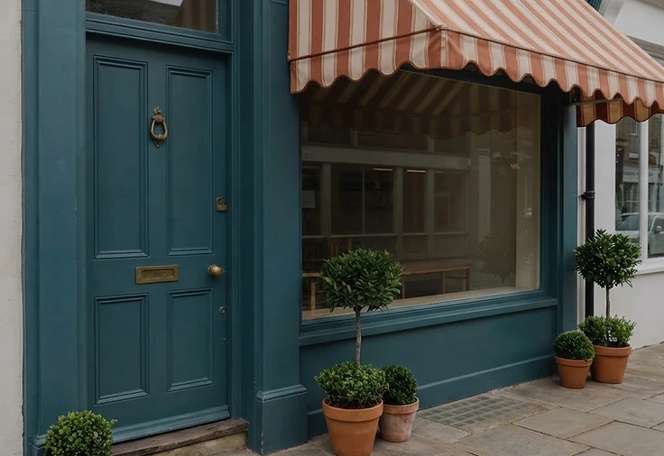 A welcoming local storefront with a striped awning