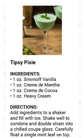 Meadowbrook Tipsy Pixie recipe graphic with a pale green cocktail
