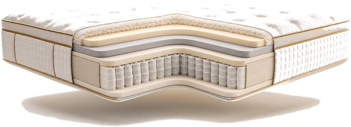 Cutaway mattress showing pocket springs, foam and wool layers inside