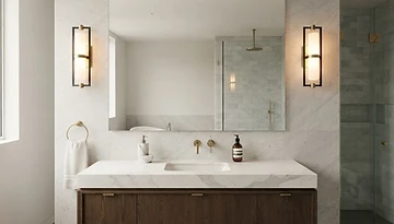 Illustrative example of wall-mounted sconce fixtures installed beside a mirror