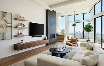Example of a living room TV setup with a wall-mounted TV, artwork and floating shelves