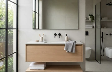 Example of a frameless vanity mirror mounted above a bathroom vanity