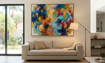 Example of a large abstract artwork mounted above a sofa