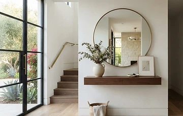 Example of a round entryway mirror mounted above a console table